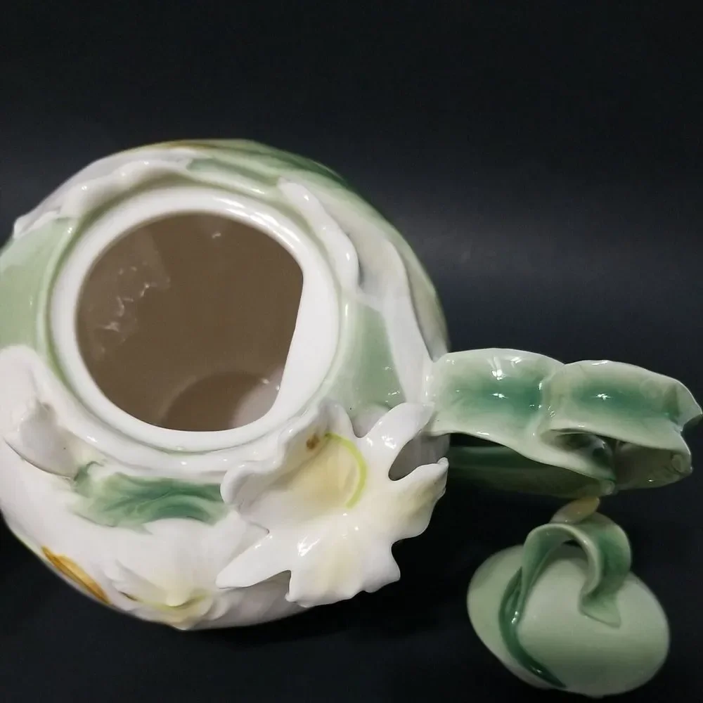 Pier 1 Imports Ginger Lily Teapot Floral Whimsical White‎ Porcelain Hand Painted